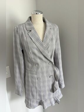 FOREVER 21 Women’s Gray/White Plaid Double-Breasted Button Blazer Dress M